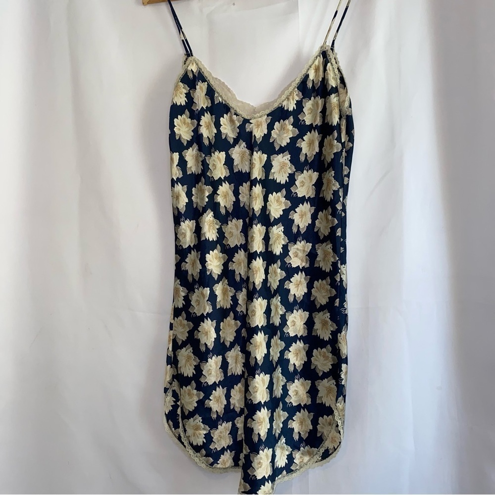 Vintage Barbizon Blue Floral Lace Spaghetti Strap Silky Slip Dress Size M